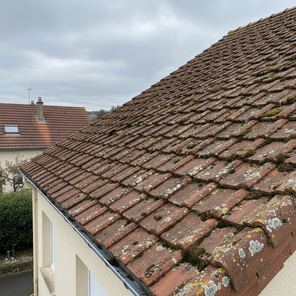 Toiture en tuiles mécaniques couverte de mousse à Pontault-Combault avant démoussage