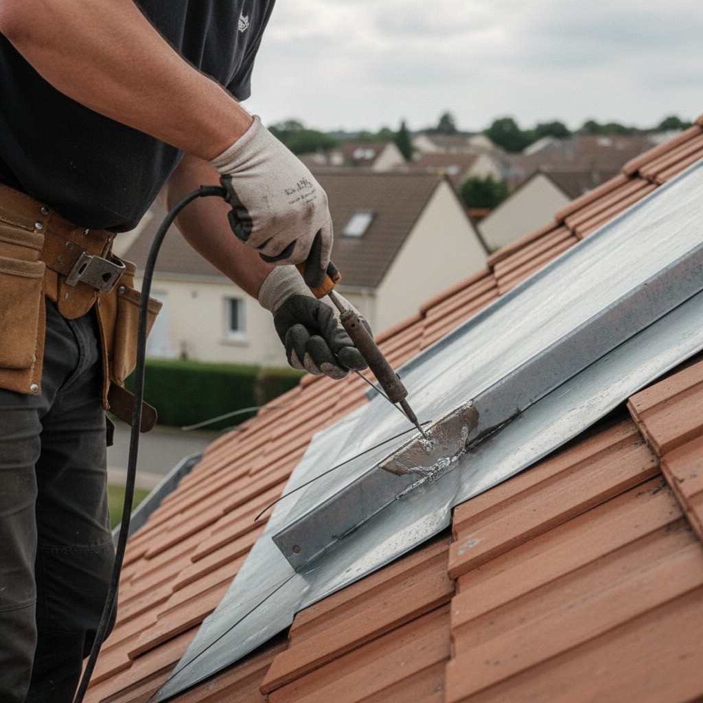 Couvreur soudant un raccord de noue en zinc sur une toiture à Servon