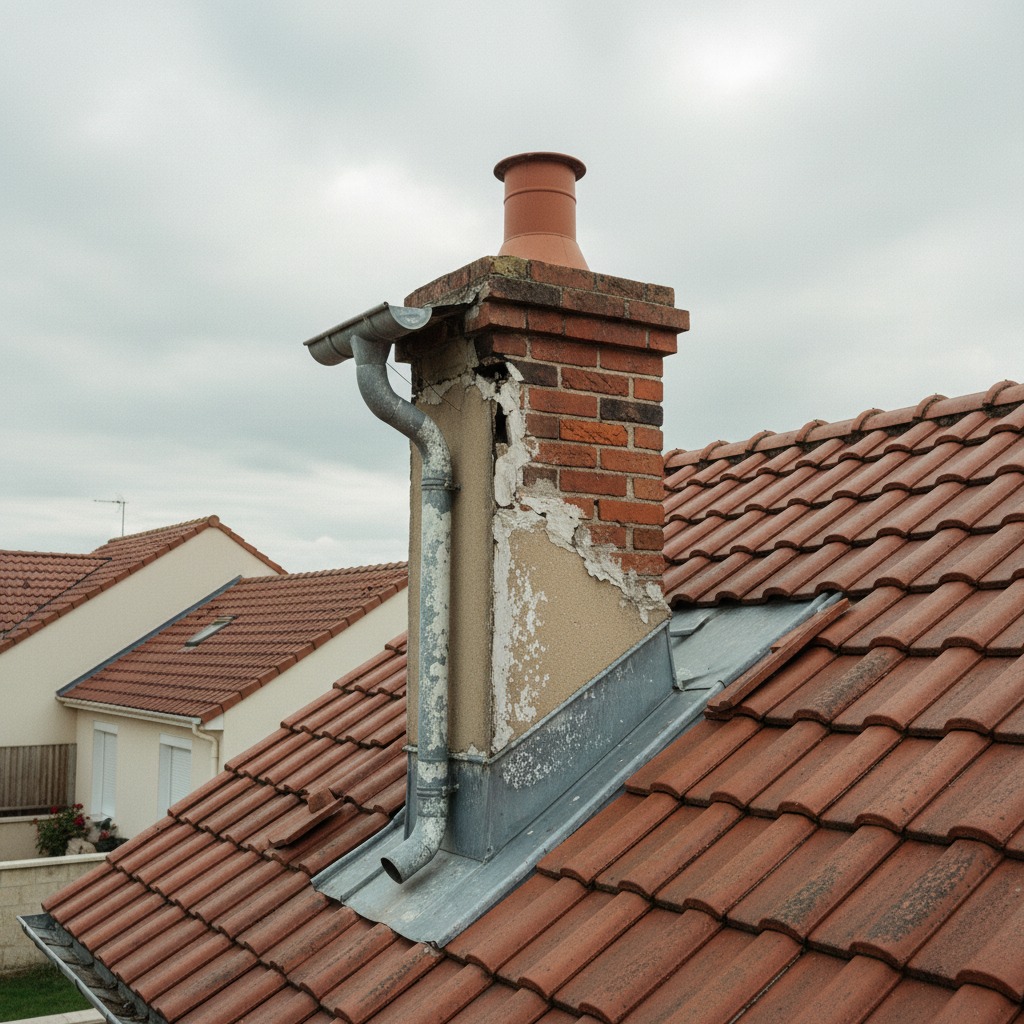 Gouttière en zinc oxydée et solin de cheminée à reprendre à Ozoir-la-Ferrière