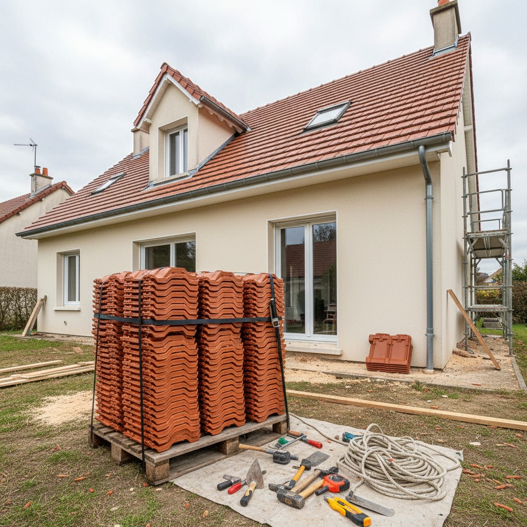 Palette de tuiles neuves livrée devant une maison à Ozoir-la-Ferrière