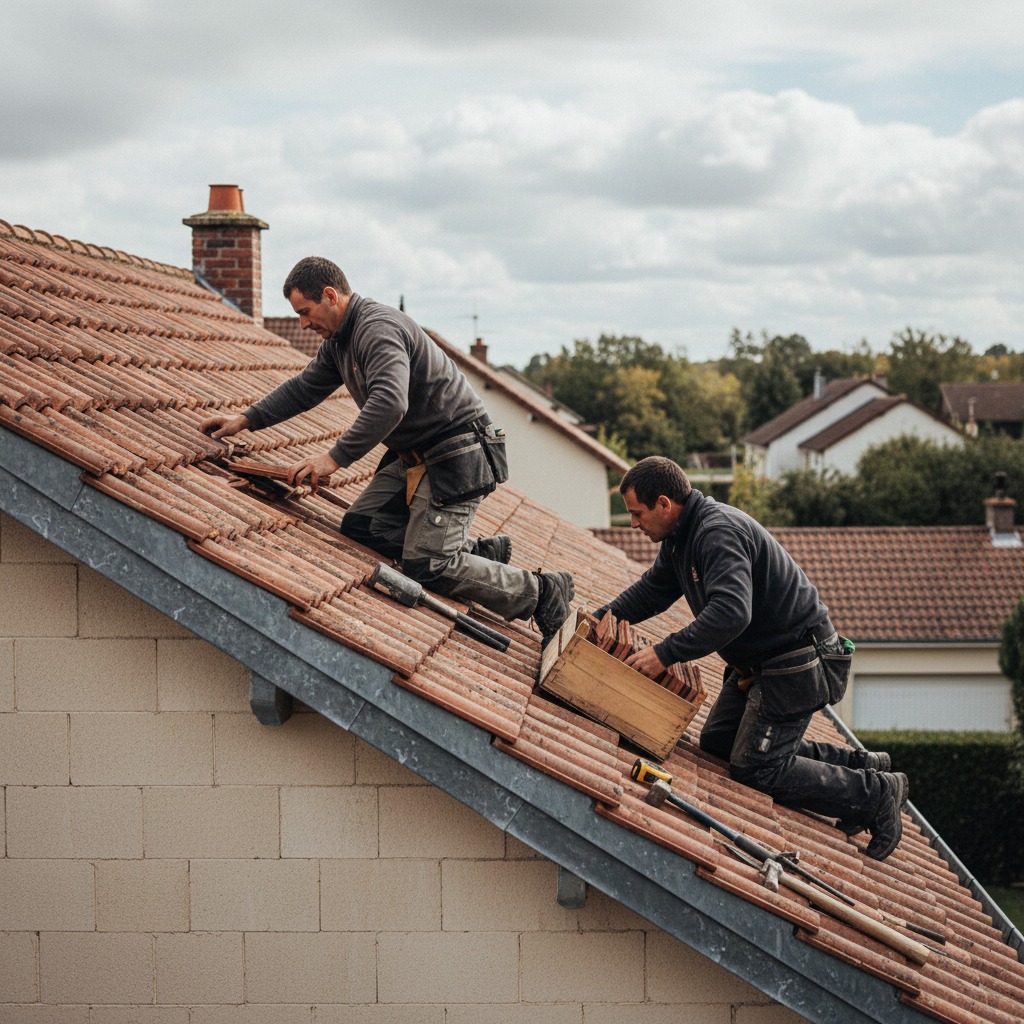 Deux couvreurs remplaçant des tuiles cassées sur une toiture à Combs-la-Ville