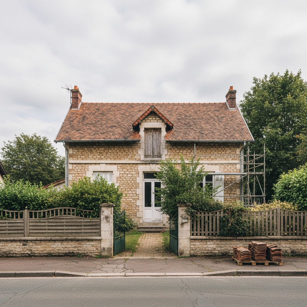 Façade d'un pavillon en meulière à Brie-Comte-Robert avant rénovation de toiture