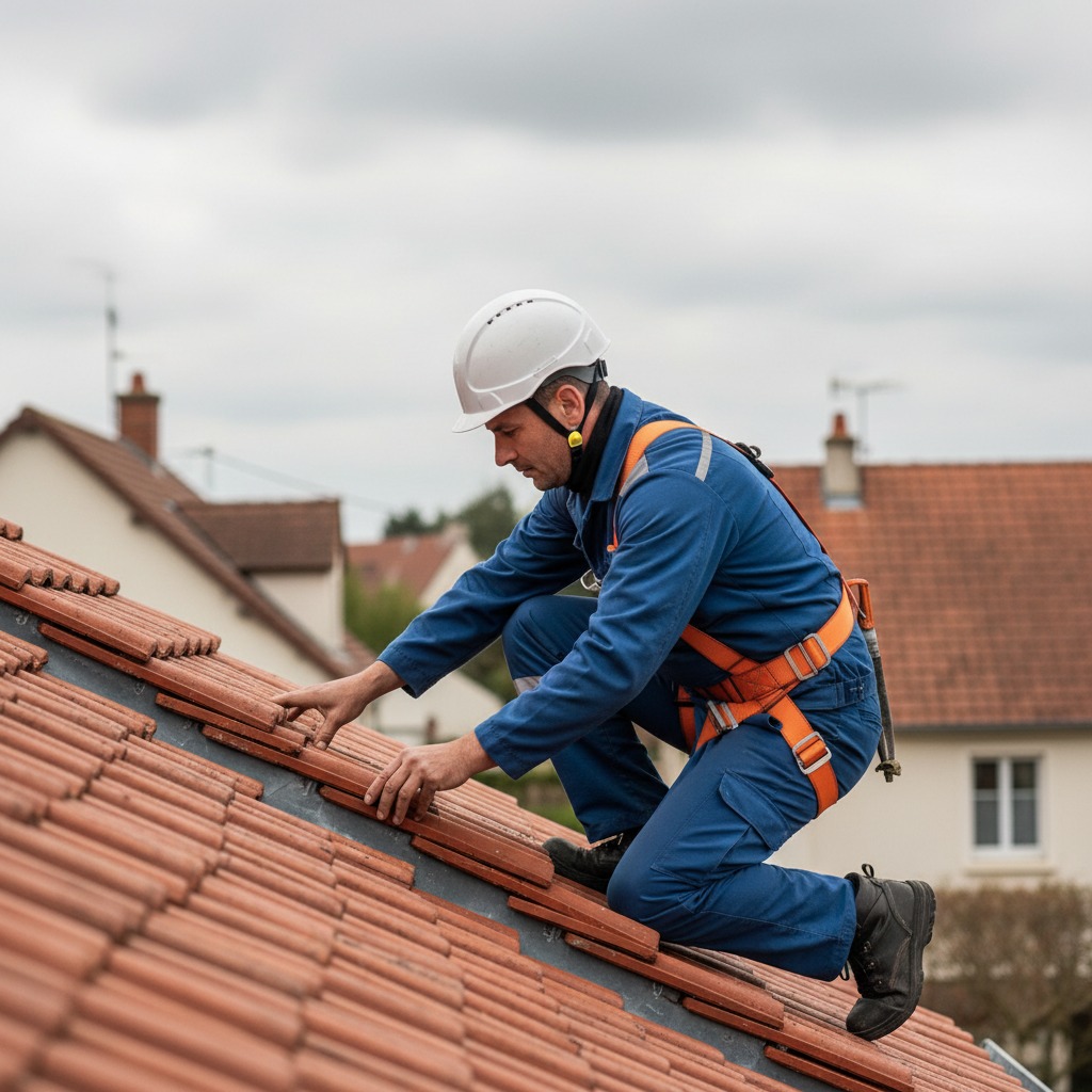 Couvreur avec harnais antichute posant une tuile de faîtage à Lésigny