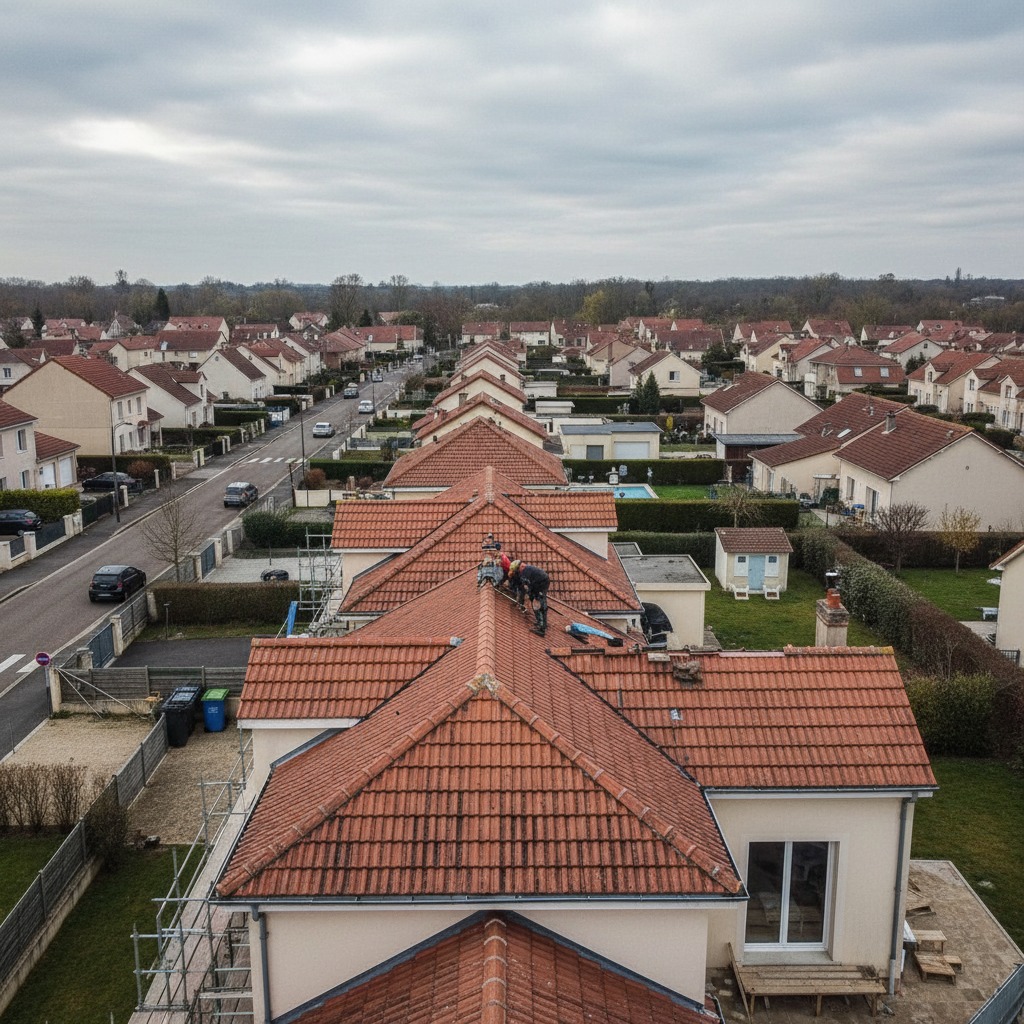 Vue aérienne de toitures en tuiles rouges dans un quartier de Tournan-en-Brie