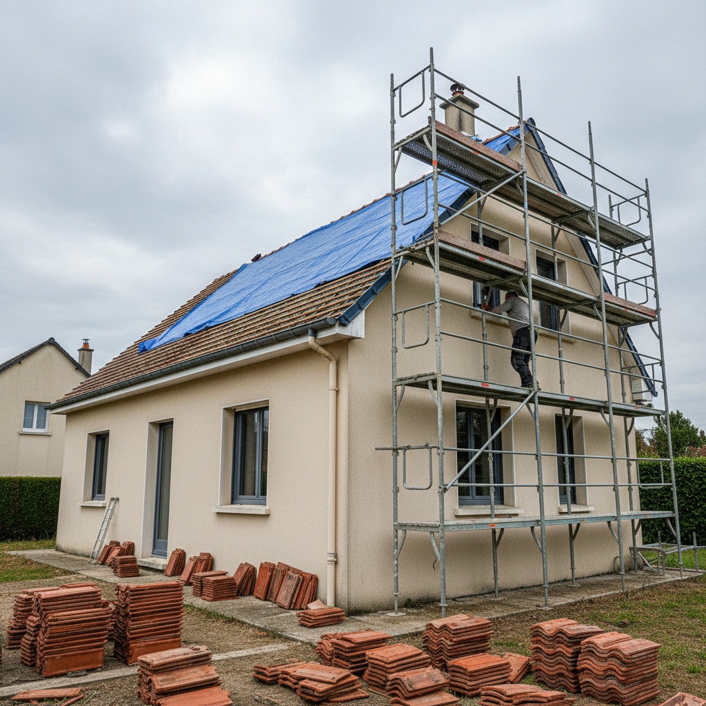 Échafaudage et bâche de protection sur un chantier de réfection de toiture à Lésigny