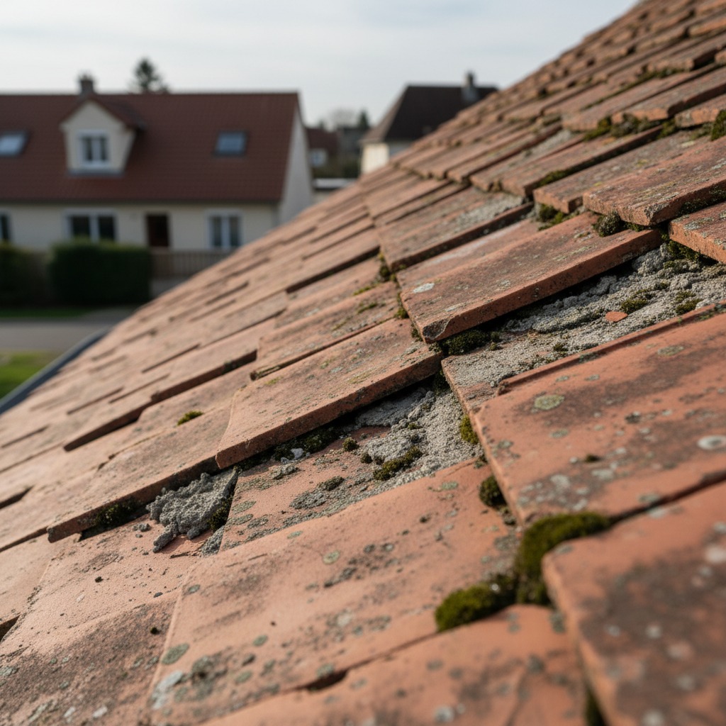 Tuiles plates fissurées avec mousse incrustée sur une toiture de Roissy-en-Brie