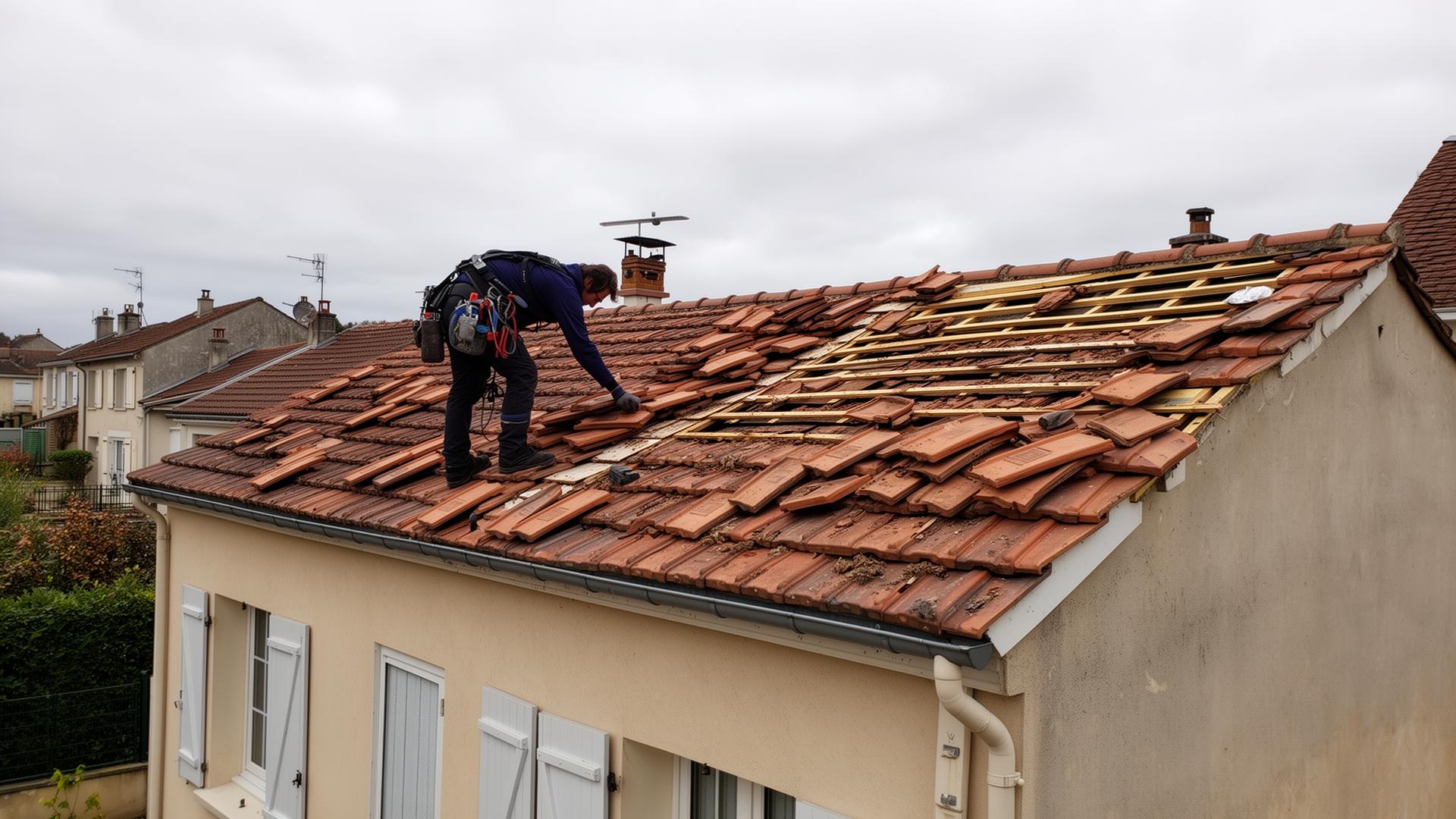 Couvreur réparant une toiture en tuiles à Brie-Comte-Robert